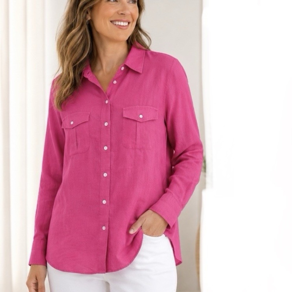 LL Bean Coral Pink Premium Washable Linen Long Sleeve Button Up Shirt Size SMALL